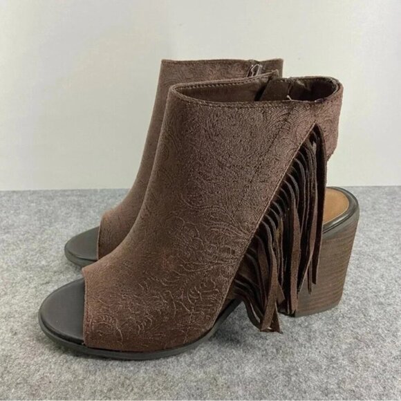 Very Volatile Pony Express Fringe Bootie Brown Chunky Heel Women’s Size 8 - Picture 1 of 12